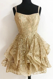 Short A-Line Sequined Gold Homecoming Derss With Ruffles Lace Up Back