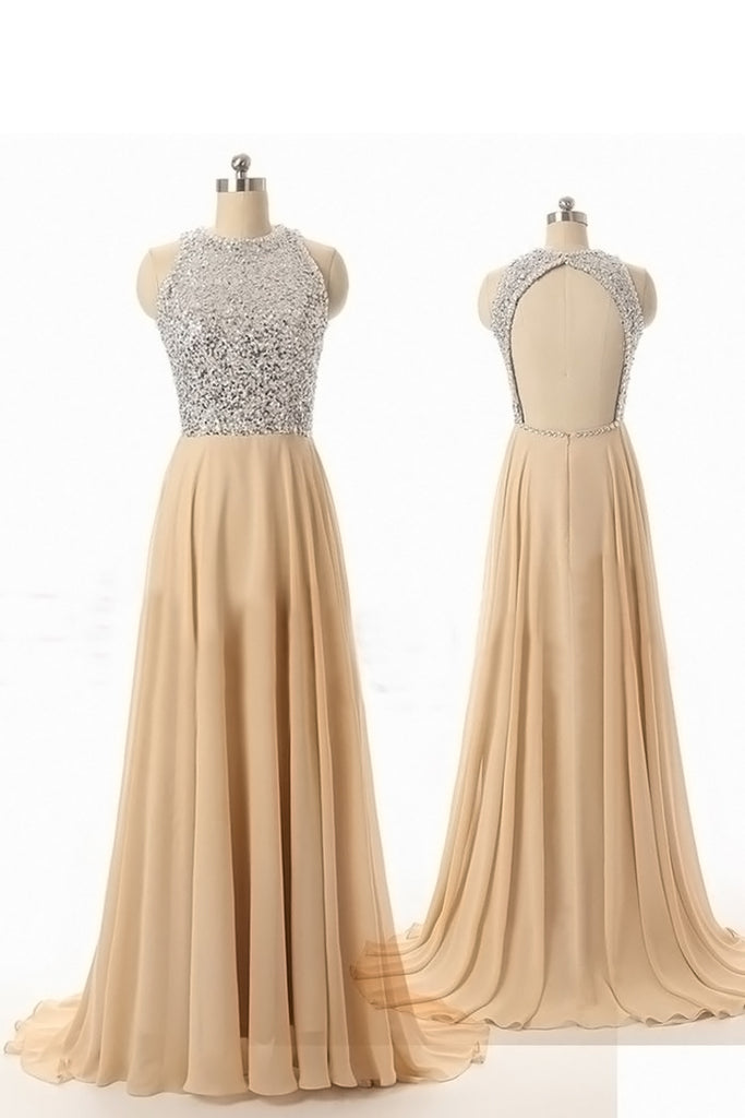 Sequined Bodice Scoop A Line Prom Dresses Chiffon