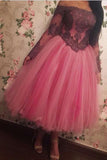 Boat Neck Prom Dresses A Line Long Sleeves Tulle With Applique