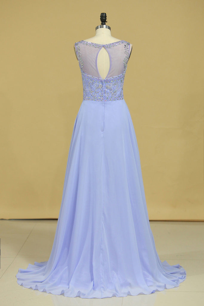 2024 Beautiful Scoop A Line Prom Dresses With Beading Floor Length Chiffon Size 8
