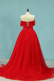 2024 Off The Shoulder A Line Prom Dresses Tulle With Pearls