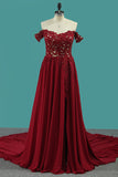 2024 Red Slit Off The Shoulder Prom Dresses A Line Chiffon With Applique And Beads