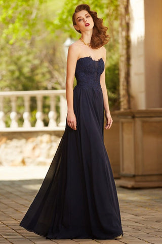 Dark Navy Chiffon A-Line Sweetheart Sleeveless Floor-Length Long Prom Dresses with Appliques