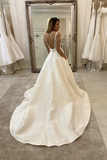 White Deep V Neck Satin Lace Top Long Prom Dress Wedding Dress
