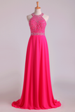 2024 Halter Prom Dresses Beaded Bodice Open Back A Line Chiffon & Tulle Sweep Train