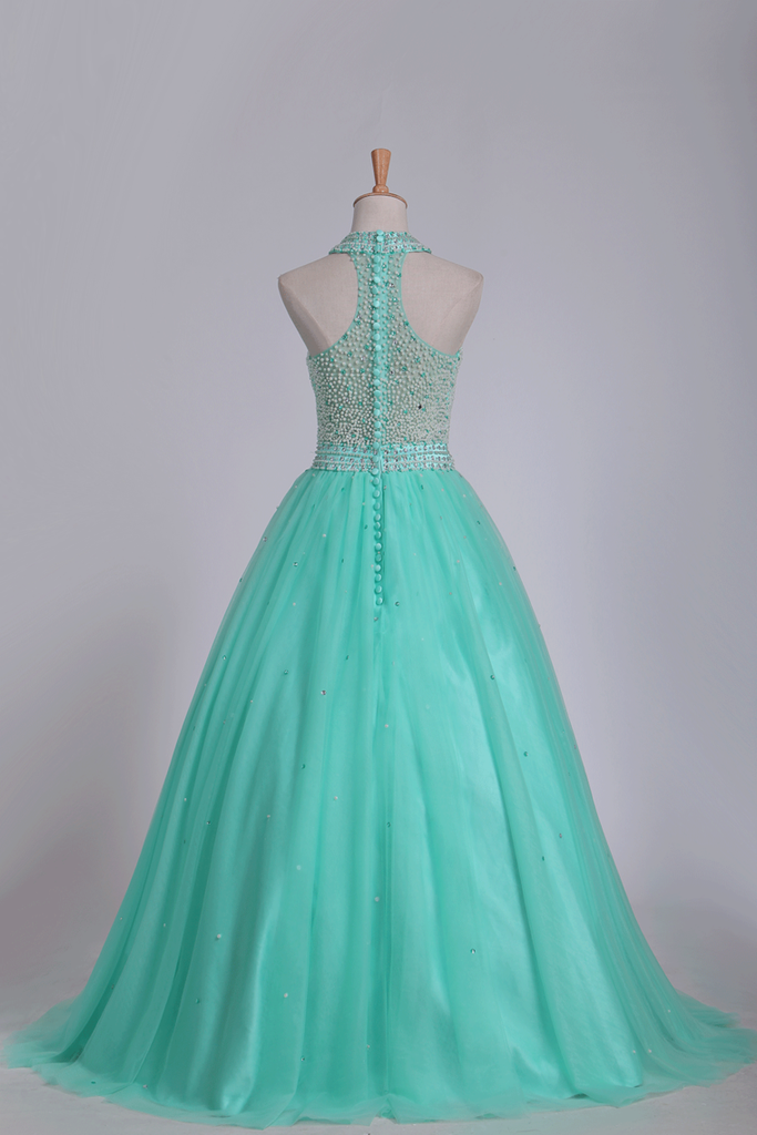 2024 Mint Ball Gown High Neck Beaded Bodice Prom Dresses Tulle Floor Length
