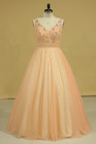 2024 V Neck Beaded Bodice Floor Length Ball Gown Tulle Prom Dresses