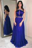 Beautiful Halter Open Back Royal Blue Long A-Line Simple Prom Dresses