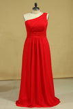 2024 Plus Size One Shoulder Bridesmaid Dresses Ruffled Bodice A-Line Chiffon Red