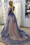 A-Line Long Sleeves Sweep Train Prom Dresses With Appliques