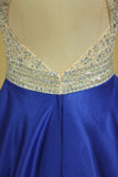 2024 Royal Blue Scoop Open Back Beaded Bodice A Line Prom Dresses Satin & Tulle Plus Size