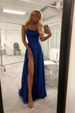Spaghetti Straps Royal Blue Long Front Split Prom Dresses