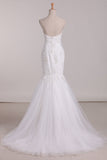 2024 Wedding Dresses Sweetheart Mermaid Tulle With Applique Sweep Train