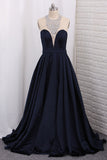 2024 Scoop A Line Satin Prom Dresses With Beading Floor Length