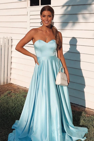 Simple A Line Sweetheart Satin Prom Dresses, Cheap Formal Dresses