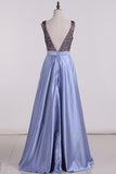 2024 Satin Prom Dresses A Line Beaded Bodice Open Back A Line