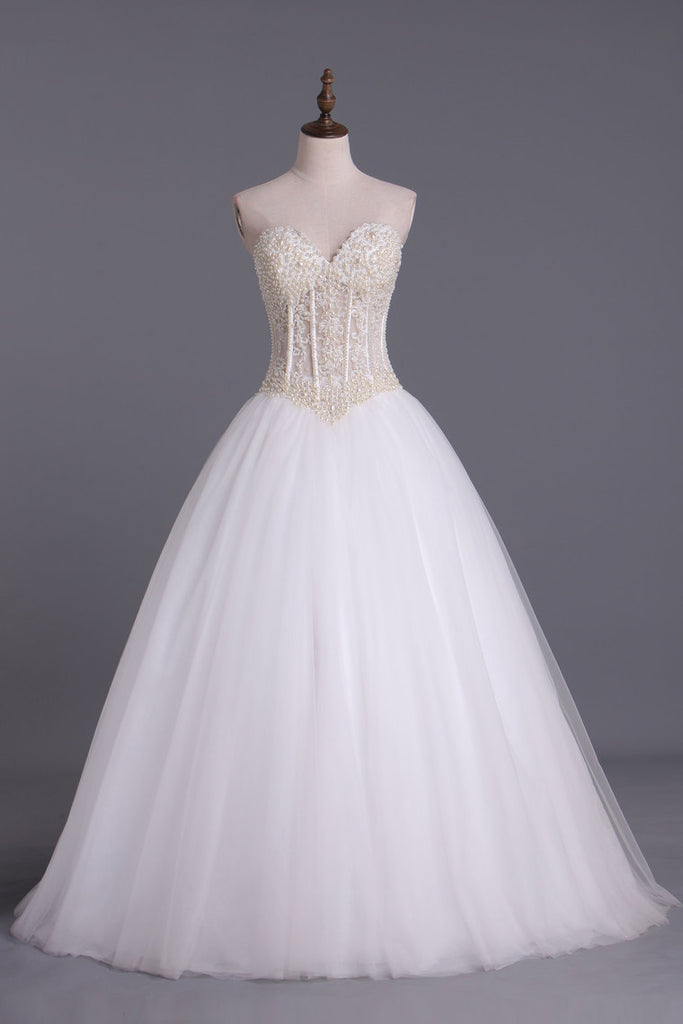 2024 Wedding Dresses A-Line Sweetheart See Through Tulle With Pearls Lace Up Floor Length