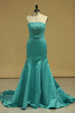 2024 Mermaid Strapless With Applique And Sash Prom Dresses Satin