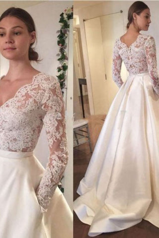2024 New Arrival Wedding Dresses A-Line V-Neck Long Sleeves Satin Skirt With Applique AndPockets