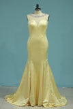 2024 New Arrival Mermaid Boat Neck Prom Dresses Satin With Beads Open Back