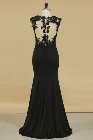 2024 Mermaid Scoop With Applique Spandex Floor Length Black Prom Dresses