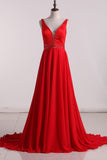 2024 A Line V Neck Prom Dresses Chiffon With Beading Sweep Train