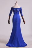 2024 Evening Dresses Bateau Mermaid Satin With Applique And Beads
