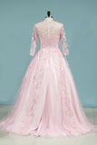 2024 Muslin Dresses Scoop A Line Prom Dresses Long Sleeves Tulle With Applique