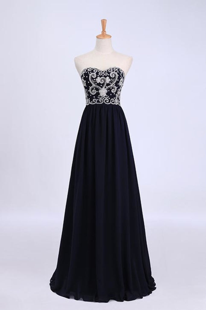 2024 Dark Navy Blue Prom Dresses Sweetheart Floor Length Chiffon With Silver Beading