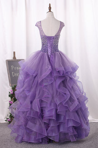 2024 Ball Gown Scoop Beaded Bodice Tulle Quinceanera Dresses Floor Length