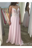 Plunging V Neck Pearls Appliques Bodice Chiffon Prom Dresses