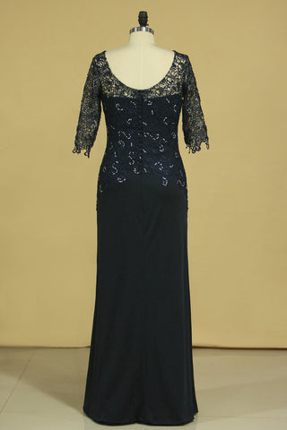 2024 Mother Of The Bride Dresses Scoop 3/4 Length Sleeve Dark Navy Spandex & Lace With Beads