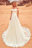 Charming Off The Shoulder Tulle Long Beach Wedding Dress With Appliques