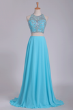 2024 Two Pieces Halter Beaded Bodice A Line Prom Dress Chiffon