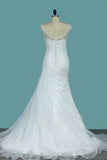2024 Scoop Mermaid Organza With Applique Ruffles Court Train Wedding Dresses