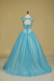 2024 New Arrival Bateau Beaded Bodice Ball Gown Quinceanera Dresses Tulle Court Train