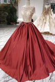 Ball Gown Satin Prom Dress With Beading, Long Formal Dresses With Short Sleeves