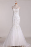 2024 Wedding Dresses Sweetheart Mermaid Tulle With Applique Sweep Train