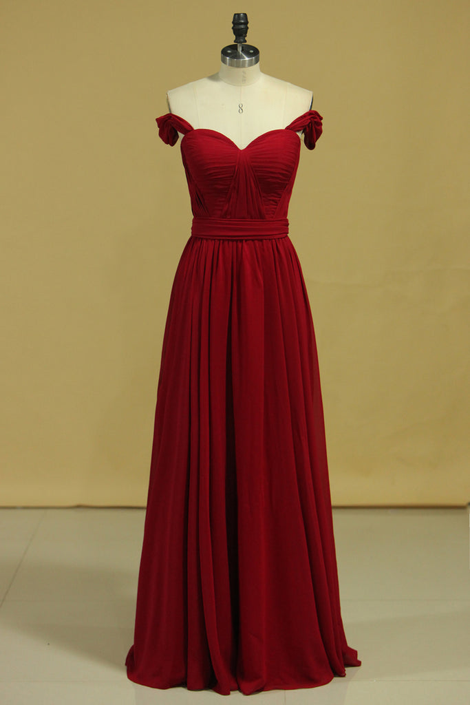 2024 Burgundy/Maroon Prom Dresses Off The Shoulder A Line Chiffon Floor Length With Ruffles