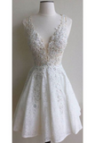 Lace V Neck With Beads&Applique Homecoming Dresses A Line
