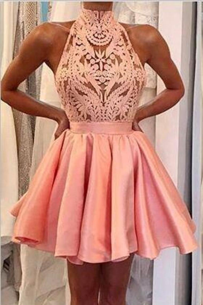 2024 A Line High-Neck Satin & Lace Short/Mini Homecoming Dresses With Detachable Train