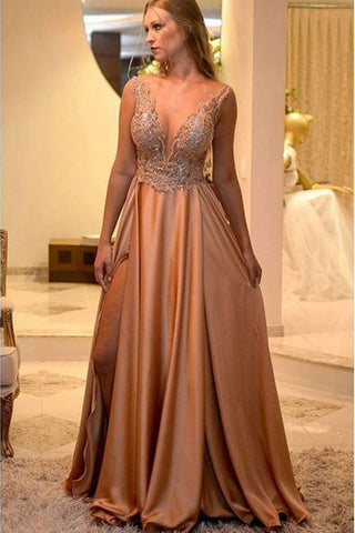 2024 New Arrival A Line Deep V Neck Prom Dresses Satin With Beads&Rhinestones