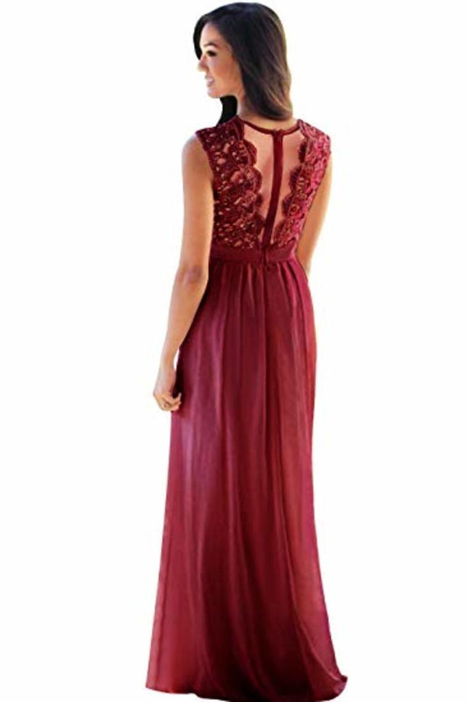 Lace Chiffon  Prom Dresses A Line Round Neck Long Evening Dresses