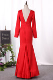 2024 New Arrival V Neck Long Sleeves Mermaid Mother Of The Bride Dresses Stretch Satin