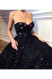 Elegant A Line Sweetheart Strapless Black Tulle Prom Dresses With Beading