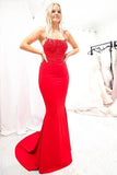 Red Mermaid Strapless Long Prom Dress With Lace-Up Back Satin Beads