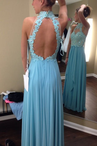 High Neck A Line Prom Dresses Chiffon With Applique And Beads