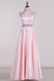 2024 New Arrival High Neck Open Back A Line Satin With Beading Prom Dresses