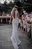 Backless Lace Mermaid Wedding Dresses Cap Sleeve Bohemian Bridal Gown