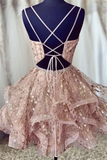 Glitter V-Neck Short Blush Homecoming Dress With Ruffles